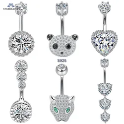 Luxury 925 Sterling Silver Belly Piercing Silver 925 Crystal Heart Navel Piercing Jewelry Panda Belly Button Rings 6/8/10mm Bar