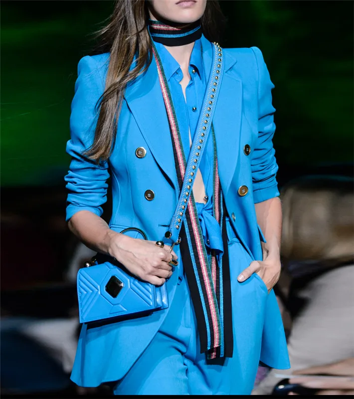 Gorgeous Blue Women's Suit Set 2 Piece Suit Jacket and Pants Notch Lapel Double Breasted Suit Jacket Casual Coat Office Lady