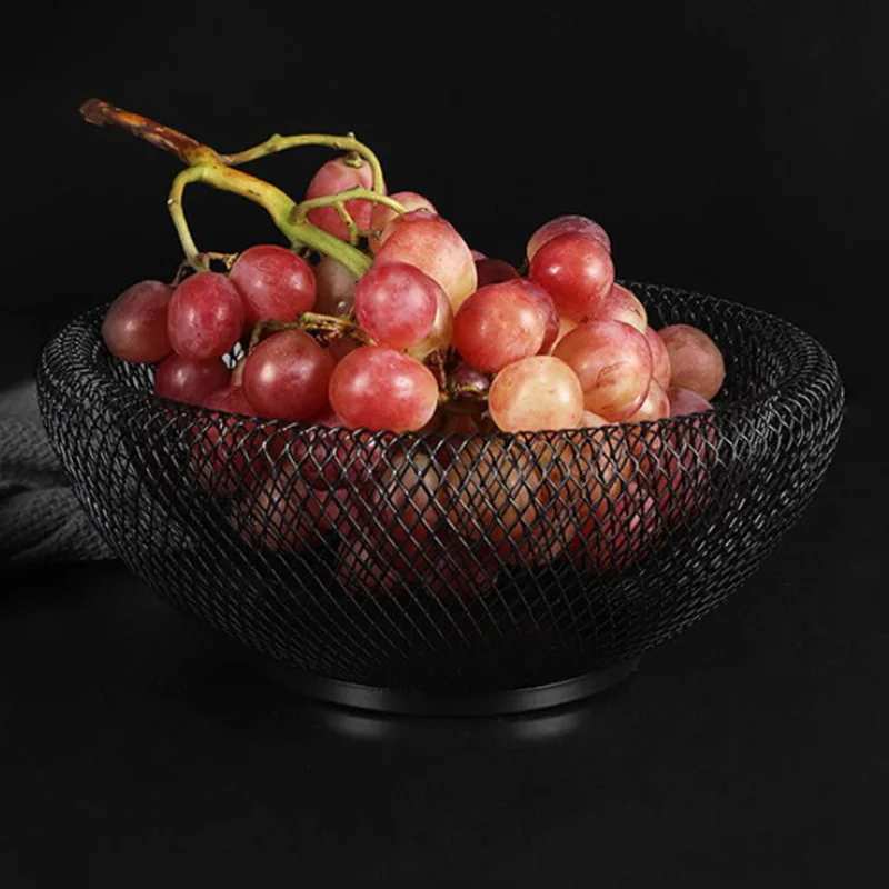 Hot Metal Mesh Creative Countertop Fruit Snacks Basket Bowl Stand for Kitchen, Large Black Decorative Table Centerpiece Holder f