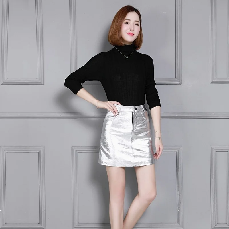 Fashion New Ladies Shiny Patent Leather A Line Sexy Mini Skirt Ladies Bodycon Wrap Office Work Genuine Leather High Waist Skirts