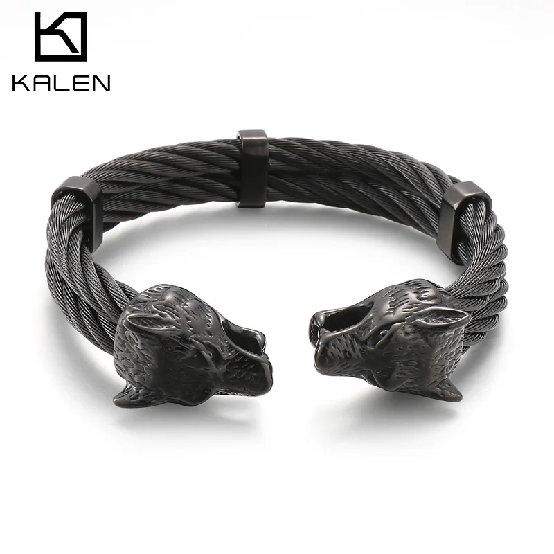 Kalen Stainless Steel Viking Wolf Bangle for Men Heavy Cable Chain Animal Skull Cuff Bracelet Biker Party Jewelry Punk Gift