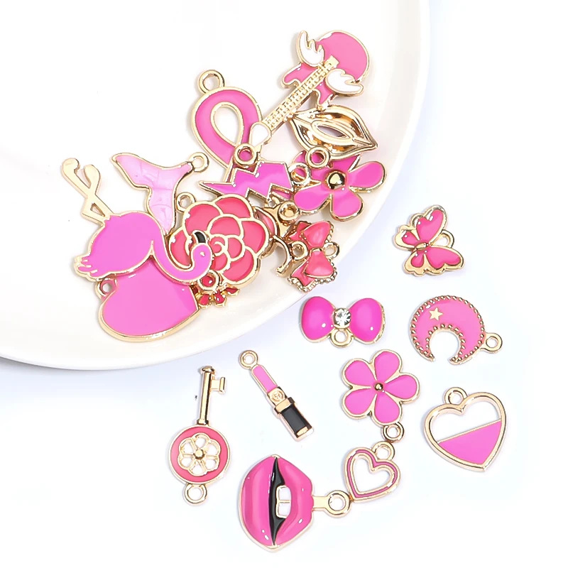 30pcs/Lot Pink Lips Lipstick Flowers Heart Enamel Charms For Jewelry Making For Women DIY Bracelet Earrings Pendant Wholesale