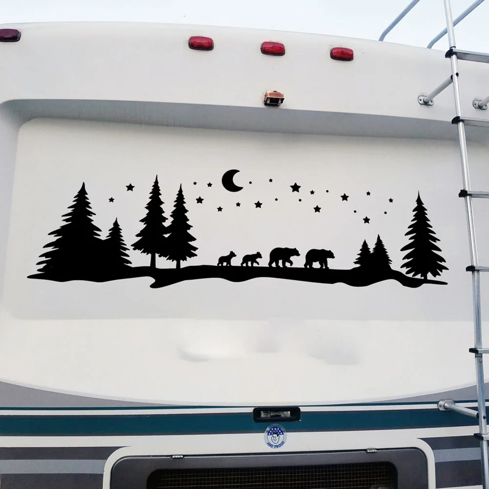 Camper Rv Bear Family Moon Stars Tree Wall Sticker Camping 4x4 Offroad Forest Travel Mountain Wall Decal Bedroom Vinyl Home