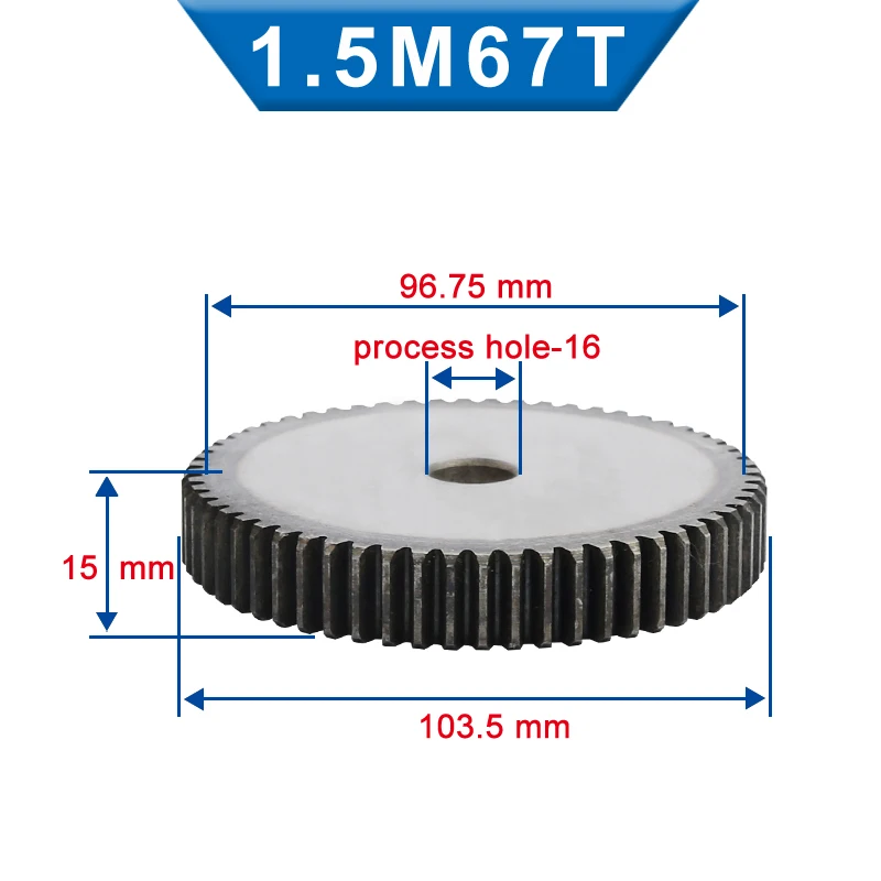 1 Piece 1.5M Spur Gear 64/65/66/67 Teeth 16 mm Process Hole Pinion Gear Low Carbon Steel Material Flat Gear Total Height 15 mm