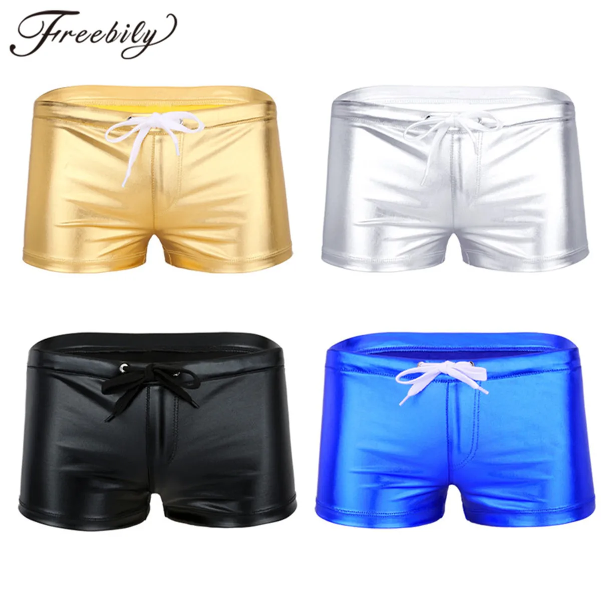 Mens Boxer Shorts Shiny Patent Leather Elastic Waistband Drawstring Shorts for Gym Workout Running Sportswear