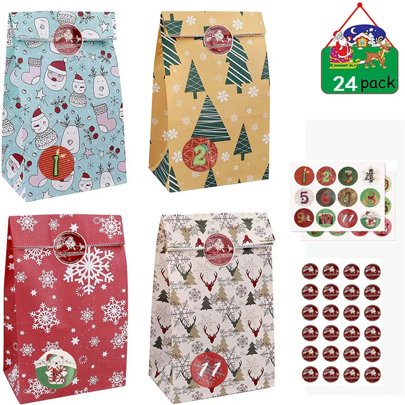 24Pc Xmas Pattern Advent Calendar DIY Kraft Paper Bags  Hanging Decor With Rope Digital Sticker Countdown Candy Bag Calendario