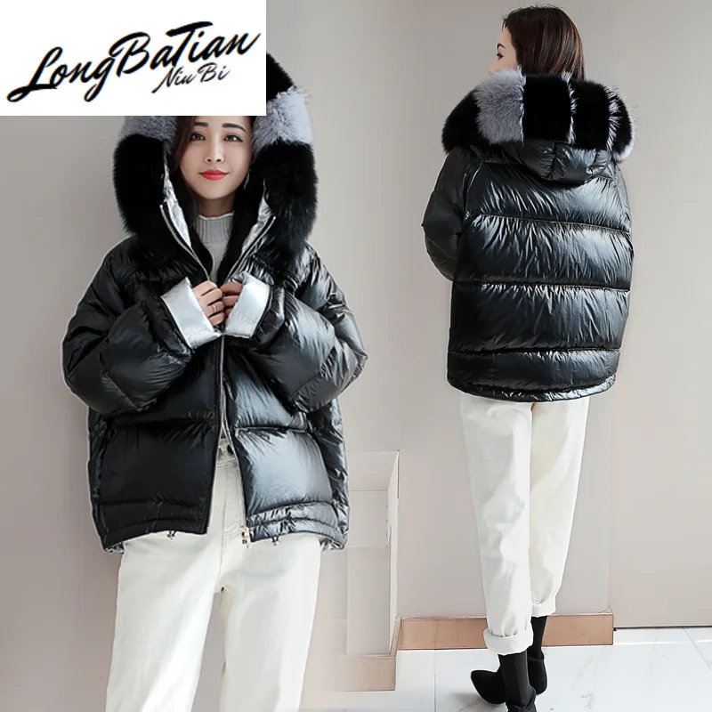 Fashion Winter Thick Women Cotton Down Jacket Hooded Big Fur Collar Two-sided Short Warm Coat Female Oversize Loose Parkas Mujer