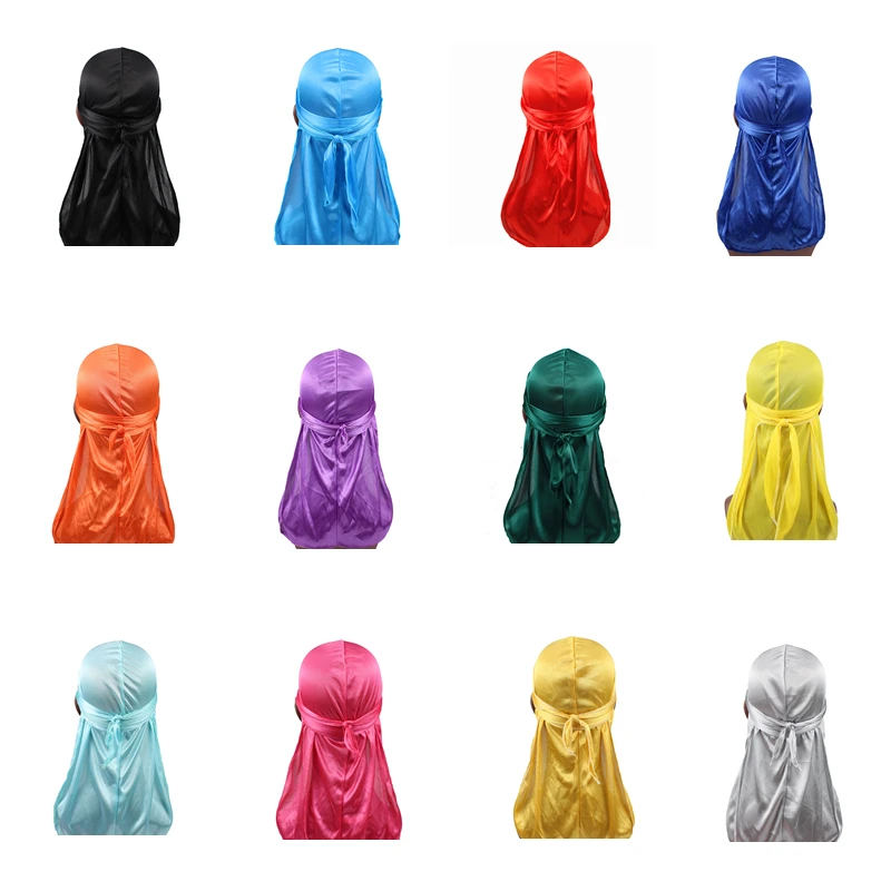 Unisex kobiety mężczyźni jedwabny Durag turban kapelusz peruki Biker nakrycia głowy z pałąkiem na głowę akcesoria do włosów długie paski na ogon bandany jedwabiste Durags