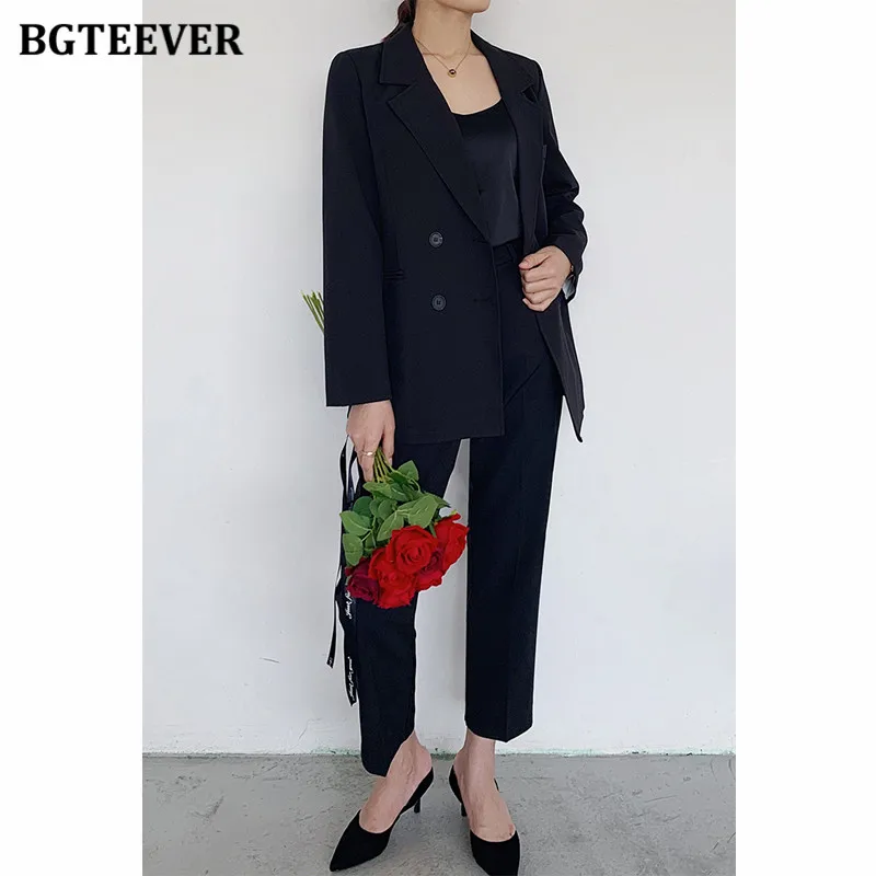 BGTEEVER Vintage Light Green Women Pant Suits Notched Collar Double Breasted Jacket & Straight Pants Ladies 2 Pieces Blazer Set