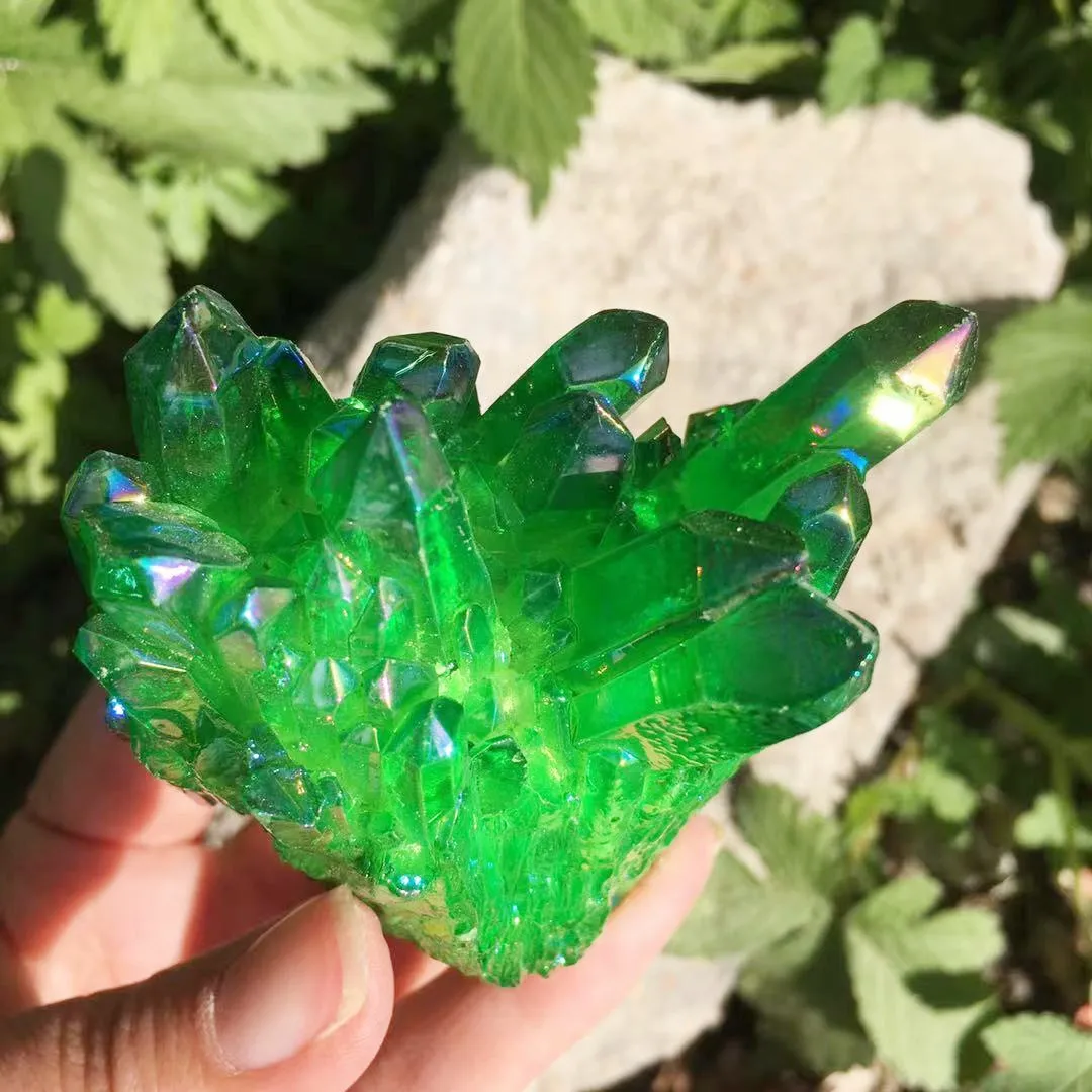 100-120g natural crystal green angel aura quartz cluster specimens cured Titanium coating quartz cluster