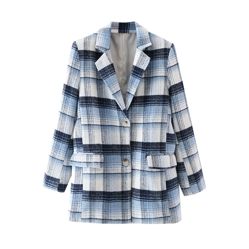 

Autumn Winter Woolen Wool Blends Overcoat Women Elegant Plaid Vintage Long Sleeve Jacket And Coat Female White Blue Outerwear