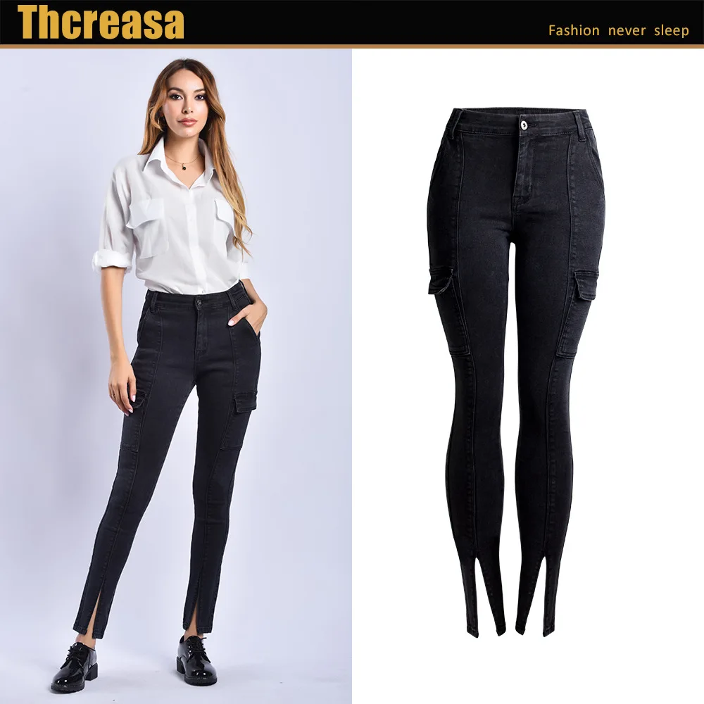 

Women's Jeans Women's Front Leg Split High Waist Black Nine-Leg Split Small Leg Jeans