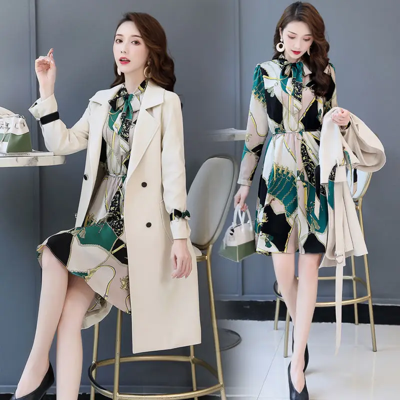 

Spring Autumn Trench Coat Slim OL Ladies Trench Coat Women Dress Women Windbreakers Plus Size Two Pieces Women Sets Trench Coats