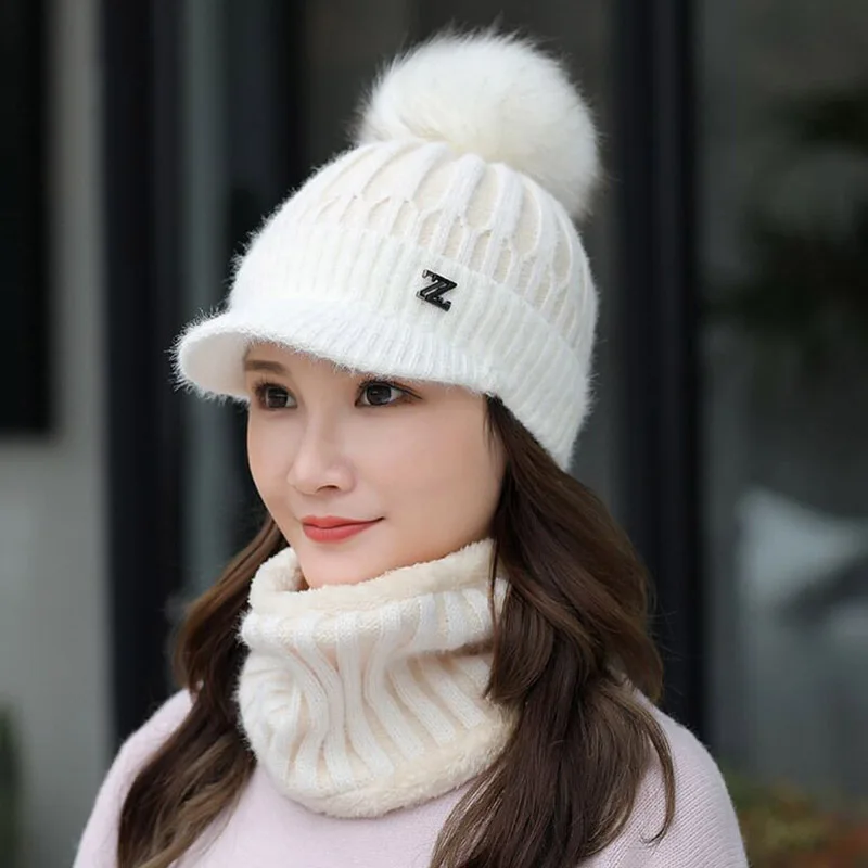 Winter knitted Beanies Hats Women Thick Warm Beanie Skullies Hat Female knit Letter Z Bonnet Beanie Caps Outdoor Riding Ski Sets