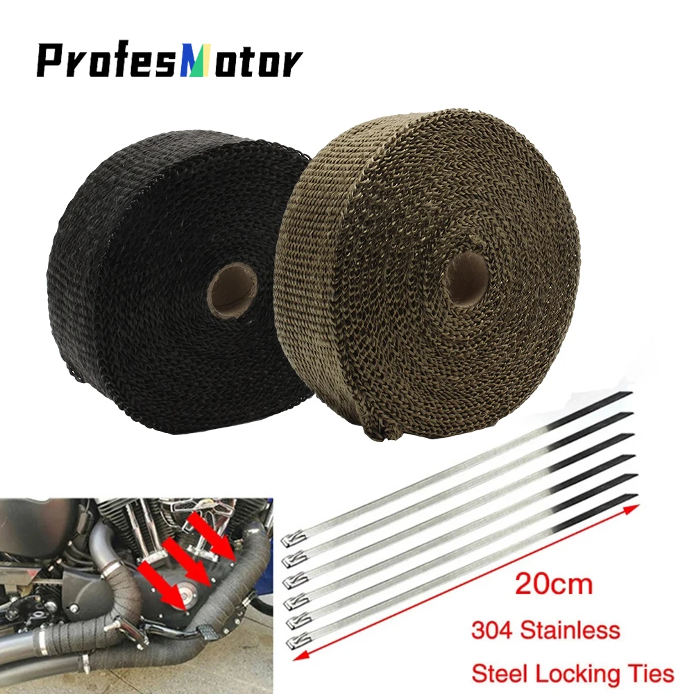 Motorcycle Exhaust Thermal Band Fiberglass Insulation Insulator Cars Tape Bandage 5cm 20M Glass Wool Stainless Ties Motocross