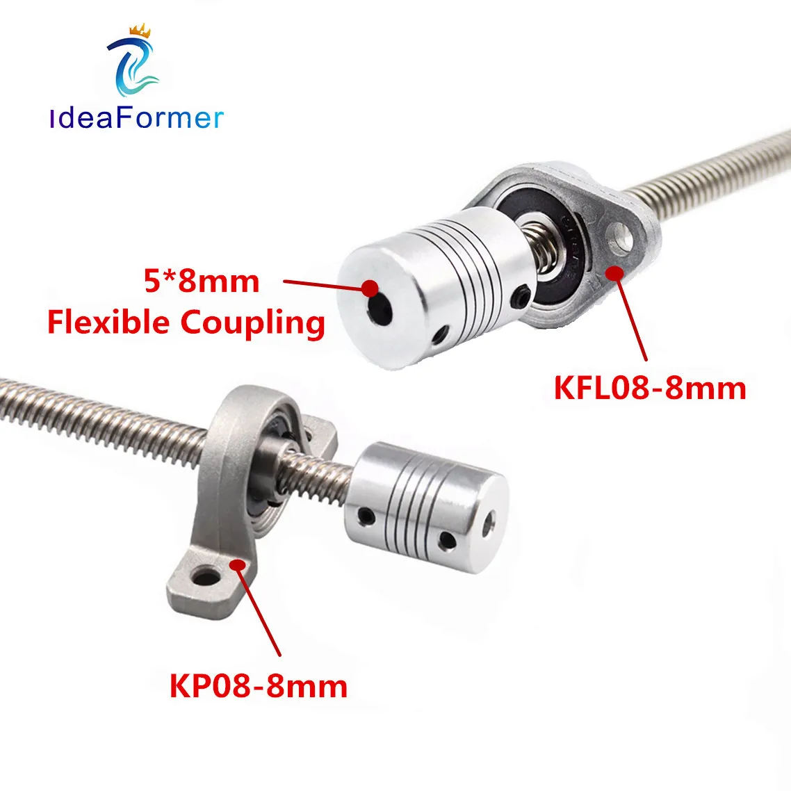 T8 Trapezoidal Lead Screw 150-600mm+Anti-Backlash Nut+KP08/KFL08 Bearing Bracket+5*8mm Flexible Coupling For 3D Printer Parts.