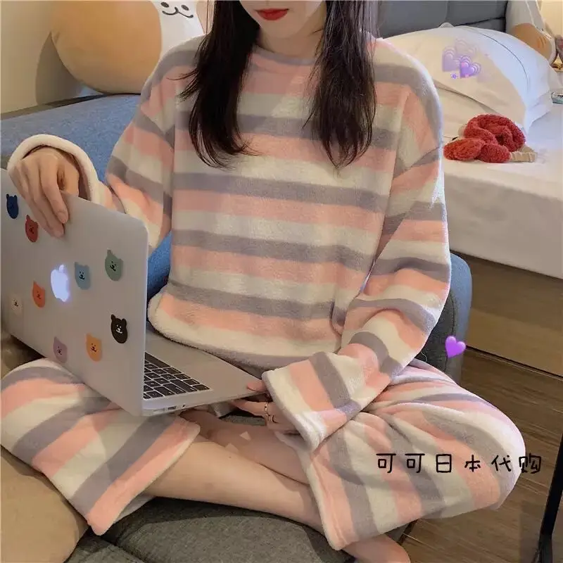 Women's Winter Flannel Pajama Set Warm Thick Soft Fleece Pajamas Sleepwear Homewear Velvet Female Suit Pullover Loose Sweatshirt