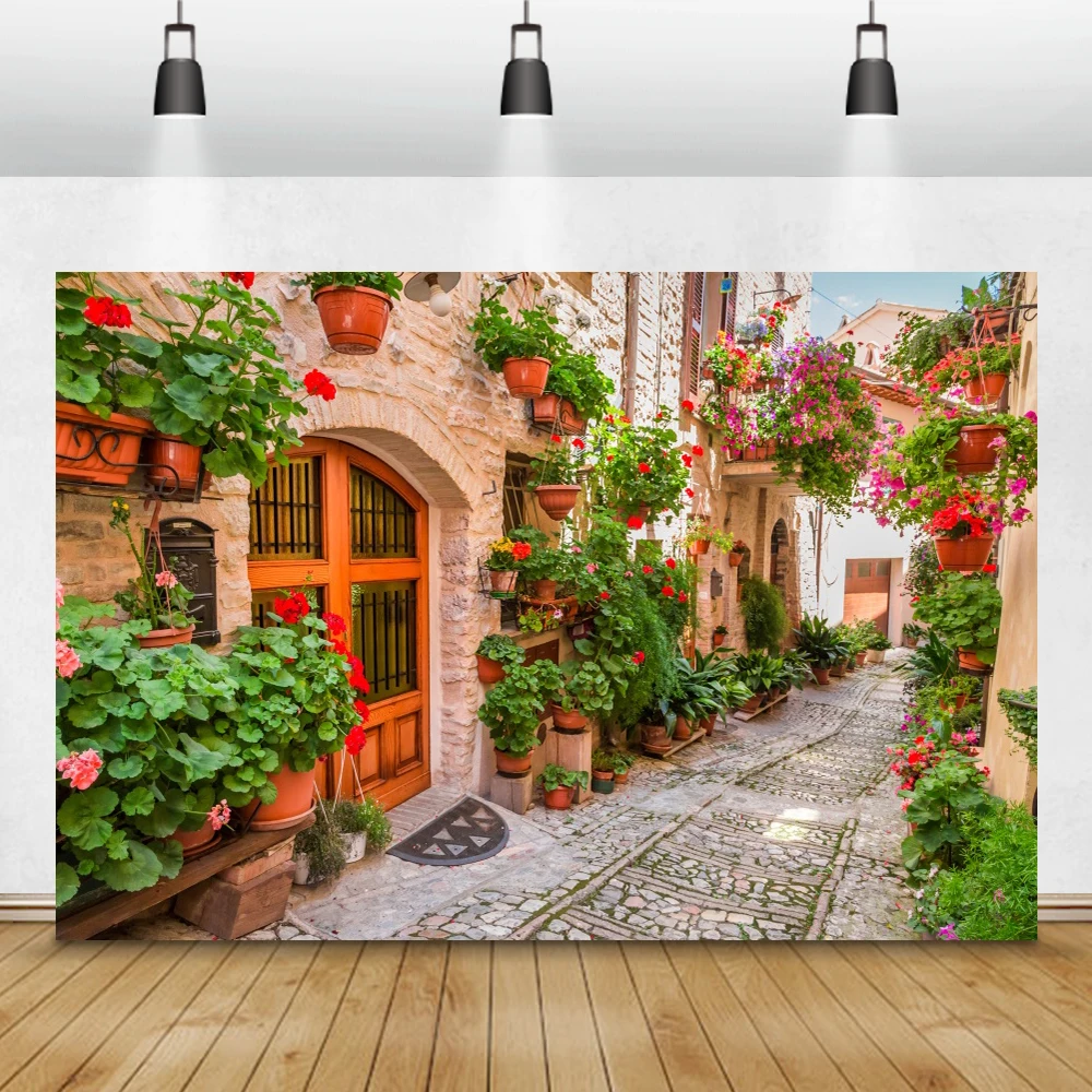 Laeacco Rural Village Town Street Buildings Flowers Shop Grass Baby Portrait Photo Backdrop Photography Background Photo Studio