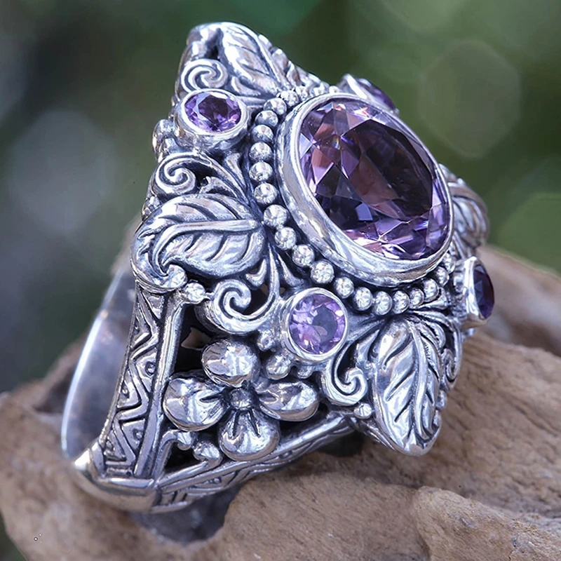 925 sterling silver Vintage Thai Silver Color Flower Leaf Shaped Big Crystal Ring for Woman with Purple CZ Stone amethyst ring