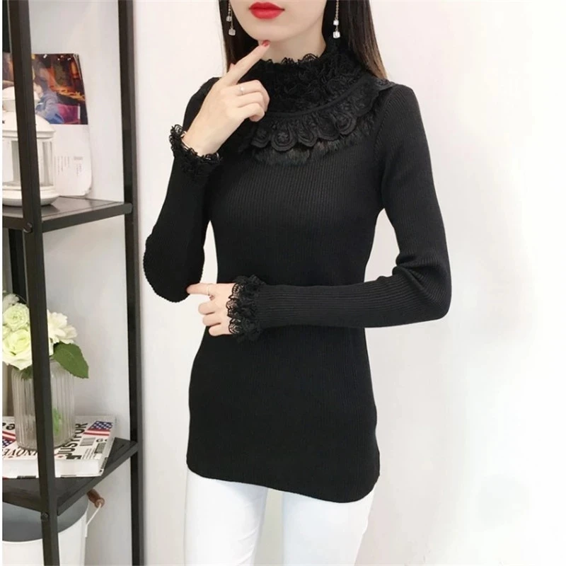 Women Sweater Pullover 2021 New Spring Lace Botto shirt Long Sleeve Ruffled Slim Pull Knit Half Turtleneck Sweater