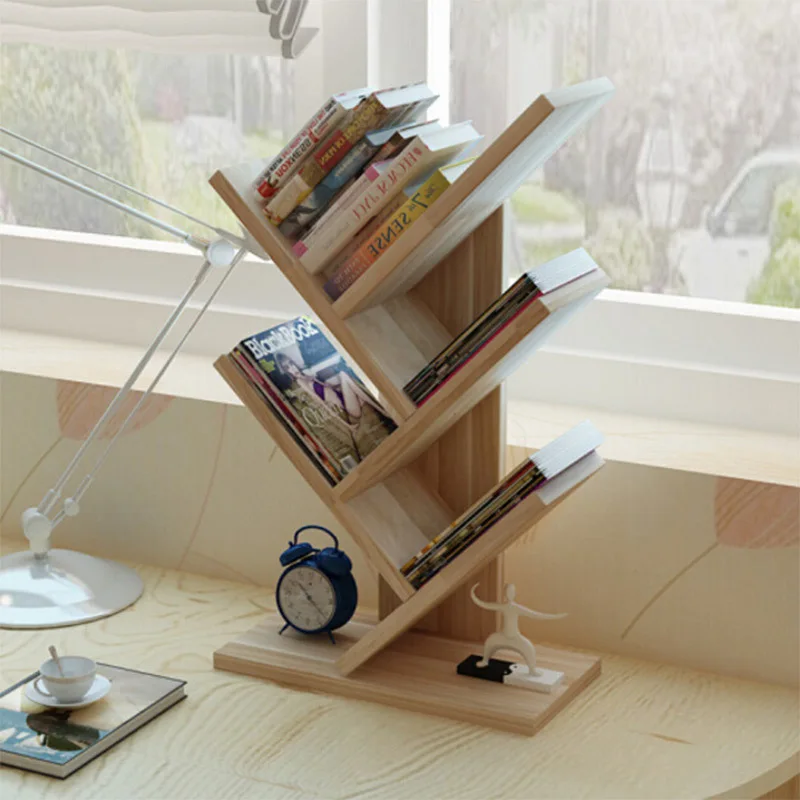 Bookshelf Desk Creative Study Bookcase Tree Shaped Furniture Decor Book Rack Multi-grid Storage Shelf Wooden Display Shelf