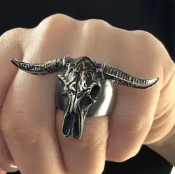 Personality Trendy Gothic Animal Bull Skull Punk Rings for Men Exaggerated Jewelry