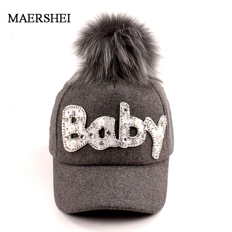 Baseball Cap Boys Girls solid snapback Caps Child Hip Hop  Wool fur hair ball kids Winter Hat