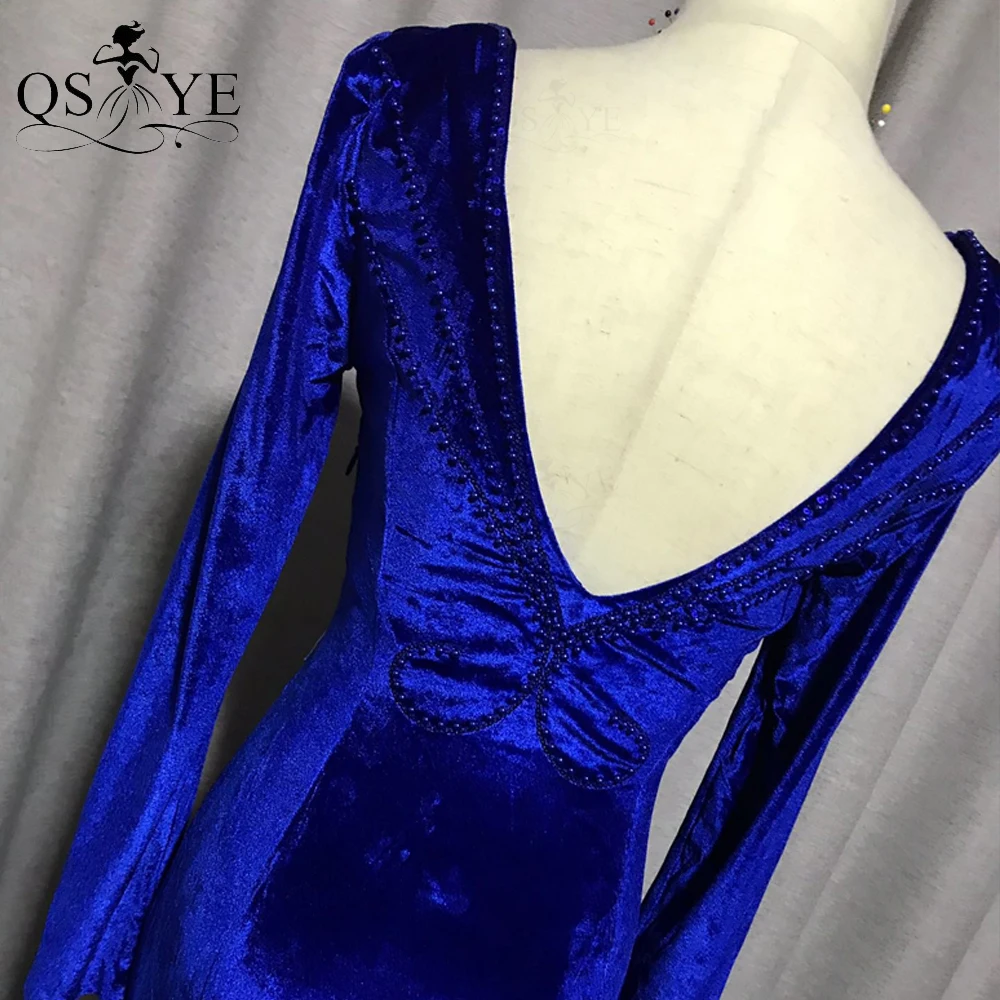 QSYYE-Vestidos de Noche de terciopelo azul real para mujer, vestido Formal de sirena elegante de manga larga, vestido de fiesta imperio Sexy con cuello en V y espalda abierta