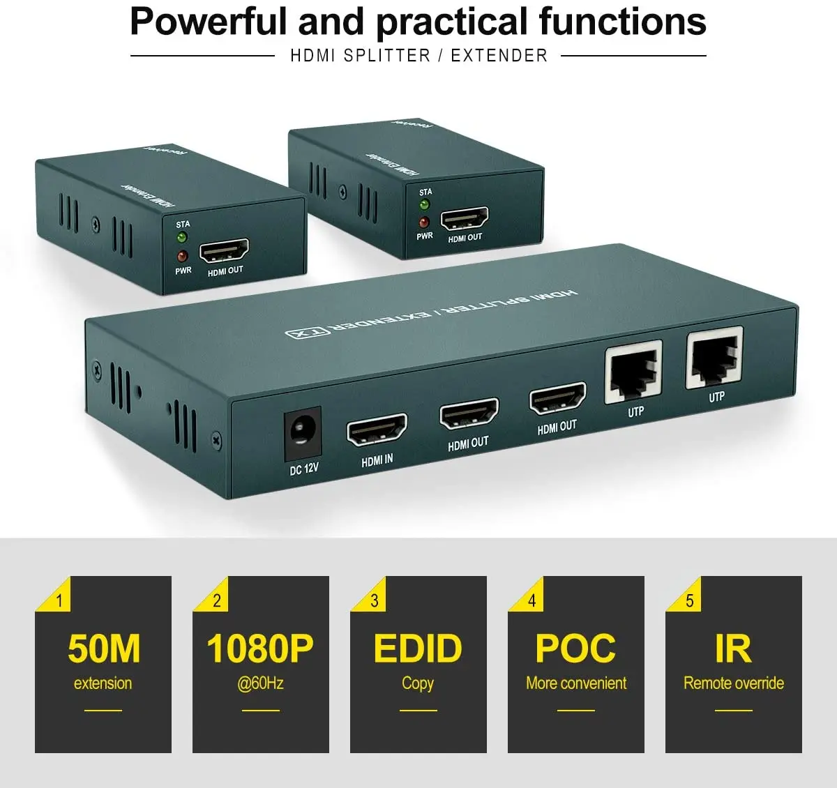 Divisor de extensor HDMI de TLT-ANK hasta 50m/165ft, 1x2, 1080p sobre Cat5e/Cat6/Cat7, Cable Ethernet con 2 salidas HDMI y de bucle EDID