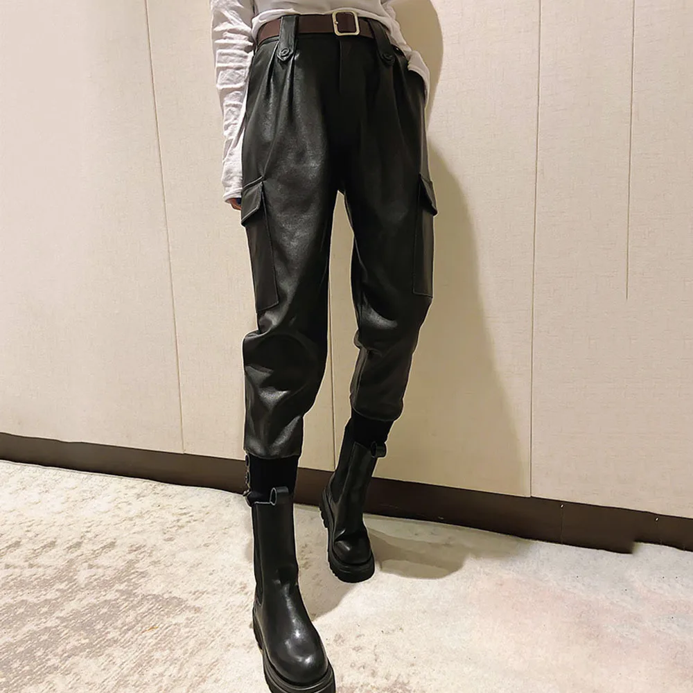 Winter Autumn Women Chic Leather Pants High Waist Trousers Black Faux PU Leather Pants Woman Elegant Pockets Streetwear Pants