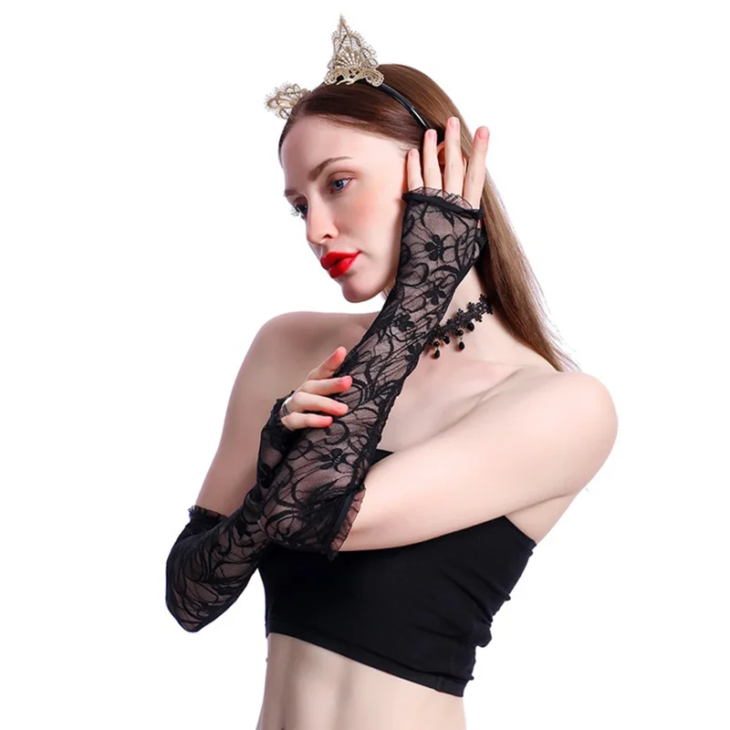 Sexy Lace Jacquard Long Thin UV Half Finger Arm Sleeve Summer  Female Sunscreen Touch Screen Elastic Cycling Driving Gloves K65