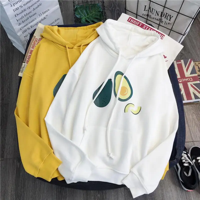 Autumn Women's Hoodie Plus Cashmere Fruit Print Harajuku Korean Thin Loose Casual Sports Sweatshirt Top Sportswear