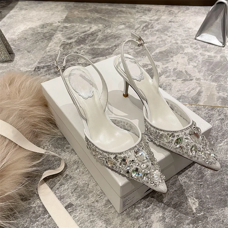 

Spring summer pointed toe lace stiletto sandals rhinestone bridal dress wedding shoes large size small size women's shoes