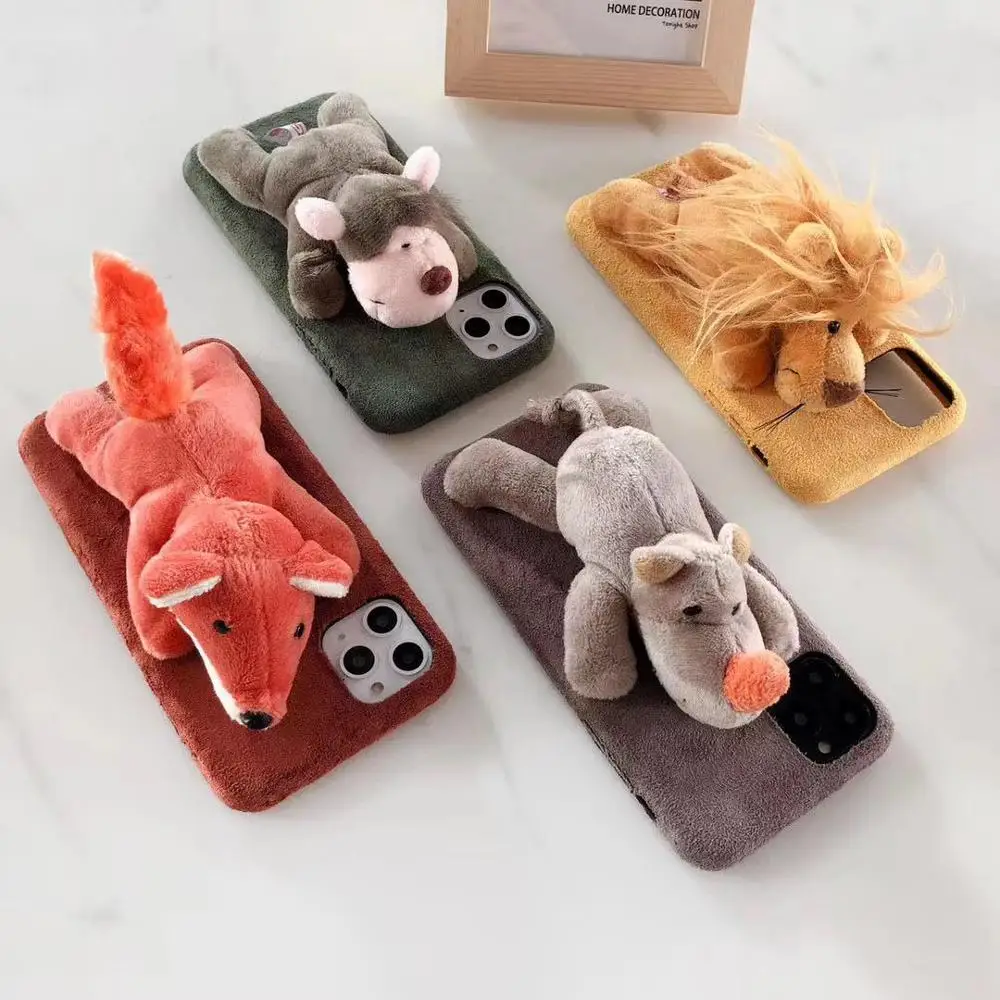 3D Winter Stuffed Fur Animal Toy Suede Phone Case For iPhone16 15Pro 14 13 12 11Promax 3-sides Cover Shell Protection