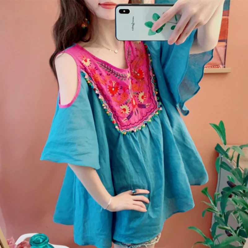 Korean Summer Women Mori Girl Style Sweet Cute Blue Lady Casual Loose Oversize Embroidery Bohemian Cotton Linen Shirts