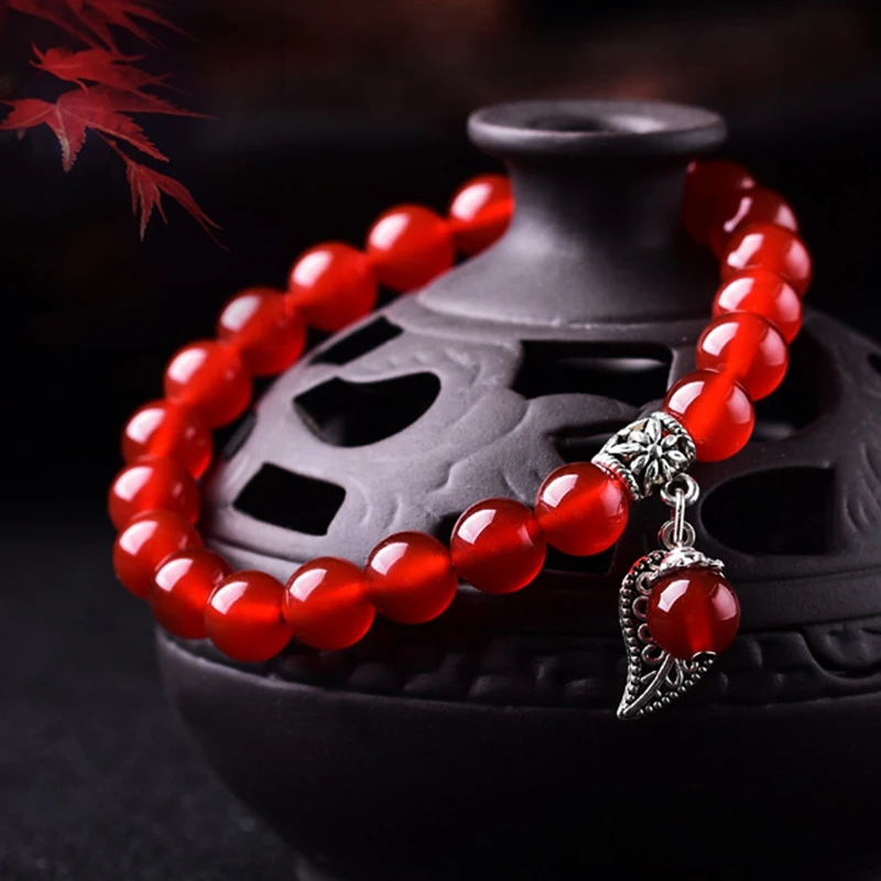 Red Crystal Charm Bracelets Round 8mm Beads Pray Tibetan Silver Leaf Pendant For Wowen Crystal Bracelet Jewelry Wholesale