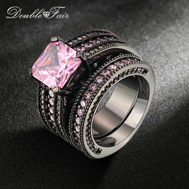 Black Pink Square Crystal Luxury Ring Set for Women Fashion Cocktail Party Punk Rings Cubic Zirconia Jewelry For Men R601