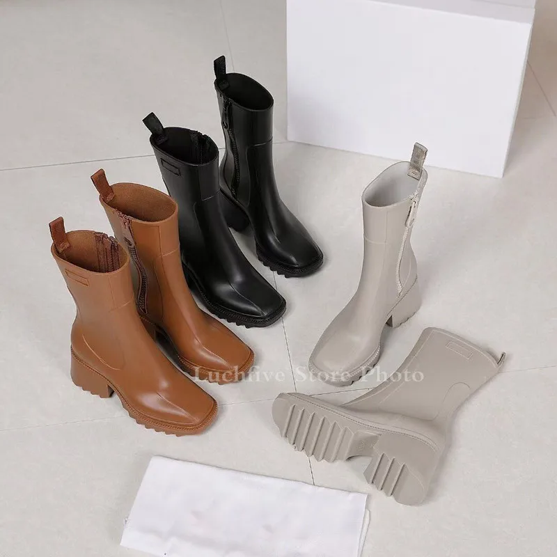 2021 Hot Sale PVC Mid-calf Boots Women British Style Chunky heel Short Boots Brown Black Fashion Luxury Brand Boots botas mujer