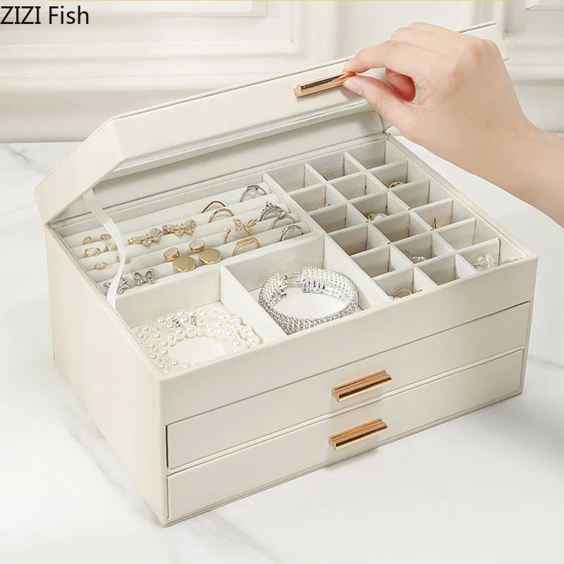 European Drawer Type Makeup Box Dressing Table Magnetic Switch Separate Grid Storage Box Jewelry Organizer Necklace Hanging Rack