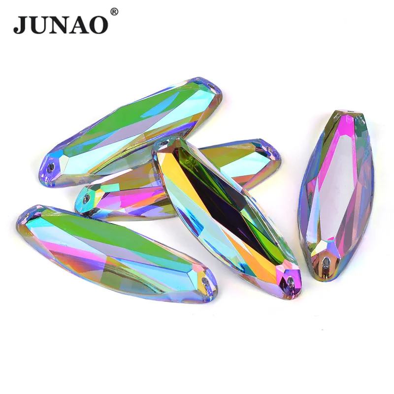 JUNAO 20*58mm Large Sewing AB Crystal Oval Rhinestone Flatback Stones Sew On Fancy Crystals Strass for Needlework Decorartion