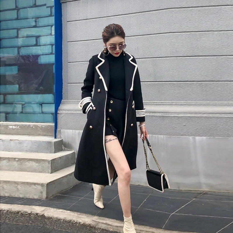 Korean Style Woolen Coat Women Winter Double Breasted Slim Long Military Wool Coat White Pockets Thick Warm Work Office Overcoat