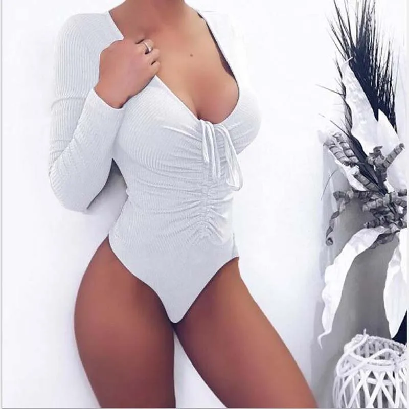 Dames gebreide bodysuit met lange mouwen sexy bodysuits slanke bodycon jumpsuit V-hals dames kleding lente