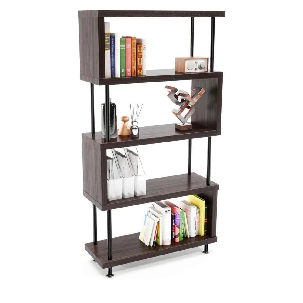 Two Color Shaped 5 Shelf Bookcase Wooden Z Shaped 5-Tier Vintage Industrial Etagere Bookshelf Stand for Home Office Living Room