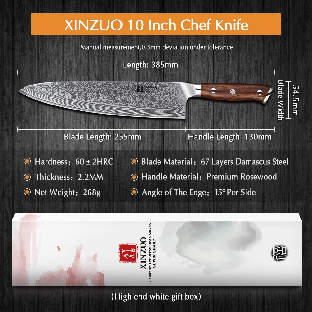 XINZUO 10 Inch Chef Knife Japanese Damascus Steel Kitchen Knife Professional Gyuto Cleaver Knives Cooking Tool Rosewood Handle