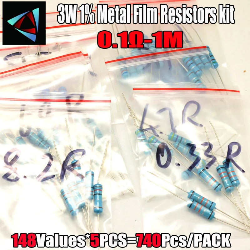 740pcs/lot 3W 1% 148valuesX5pcs  0.1R~1M Metal Film Resistor Kit Pack Set