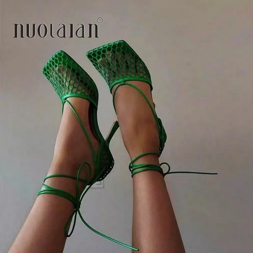 New Sexy Green Mesh Women Pumps Sandals Female Square Toe high heels Lace Up Cross-tied Stiletto hollow Party Shoes Woman