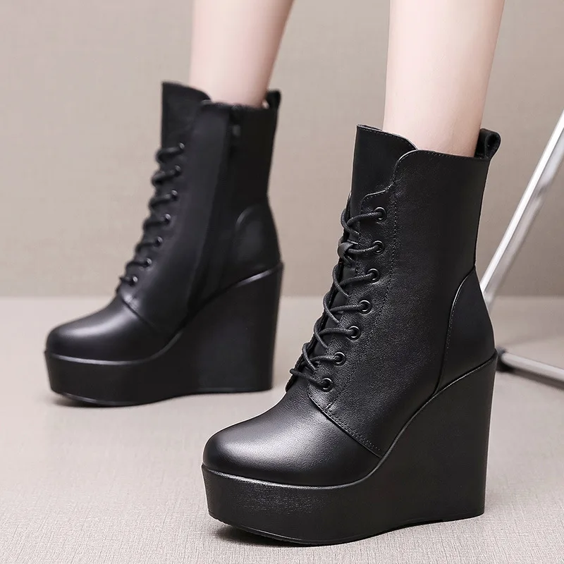 GKTINOO 2024 Fashion Genuine Leather Autumn Winter Boots Platform Wedges High Heel Boots Black Women\'s Boots Plus Size 33-43