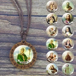 Christian Saint Jewelry St Michael St.therese Glass Cabochon Wooden Pendant Necklace Retro Adjustable Rope Chain Necklaces Gifts