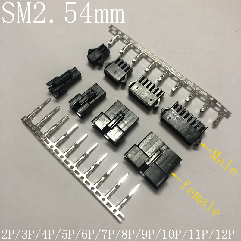 10Sets JST SM2.54 Connector Plug Male/Female Housing + Terminals 2.54MM Pitch SM-2P SM-2R 2P/3/4/5/6/7/8/9/10/11/12 P Pin