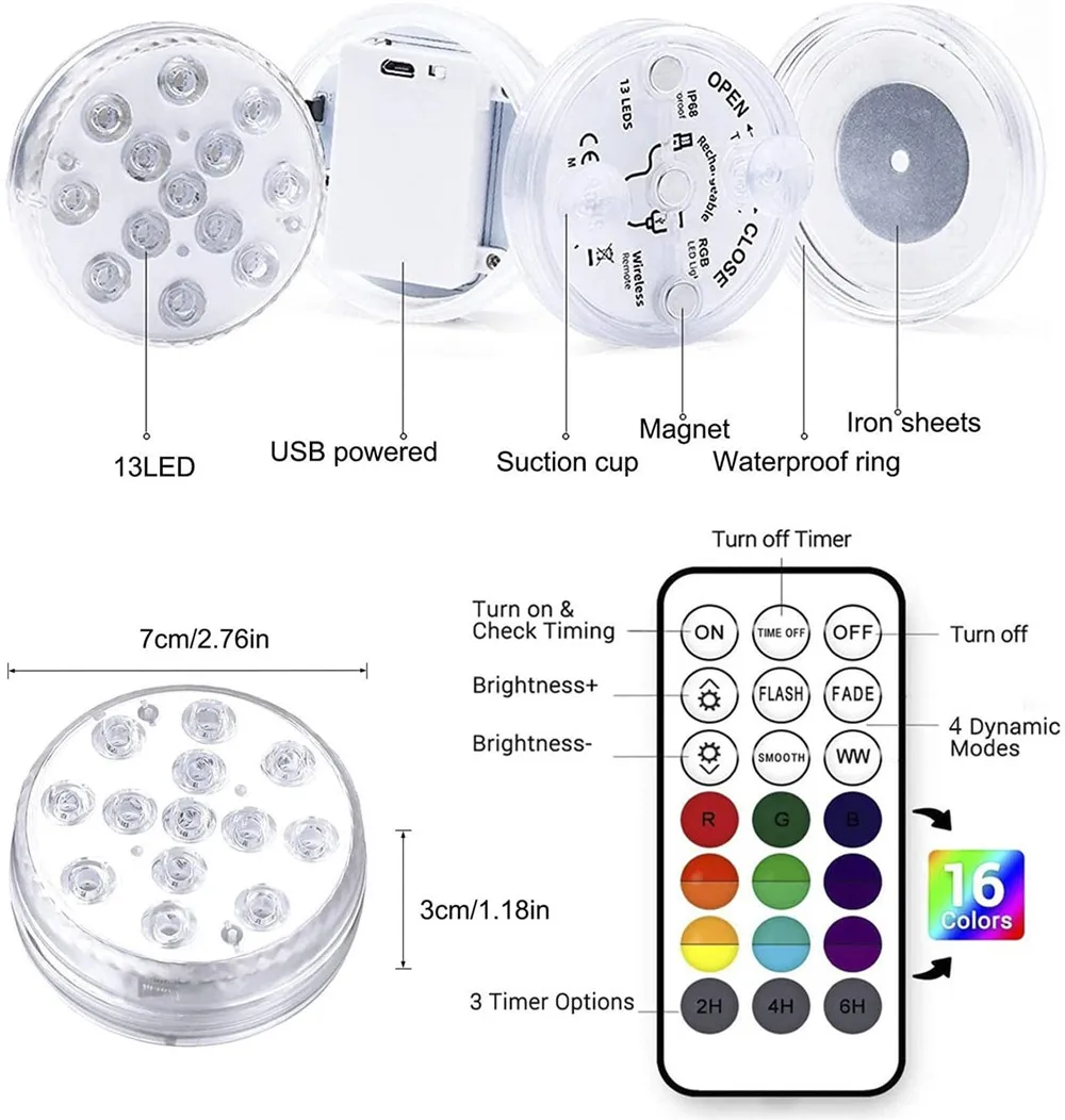 Imagem -02 - Usb Recarregável Pond Lights 13 Led Magnético Rgb Luzes Led Submersíveis Ip68 Impermeável Lâmpada de Noite Subaquática Vase Pool Lights